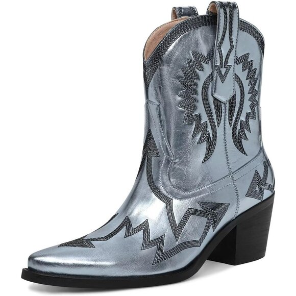 Women's Metallic Embroidered Pointed Toe Cowgirl Boots Chunky Heel Pull-On Blue - Picture 1 of 6